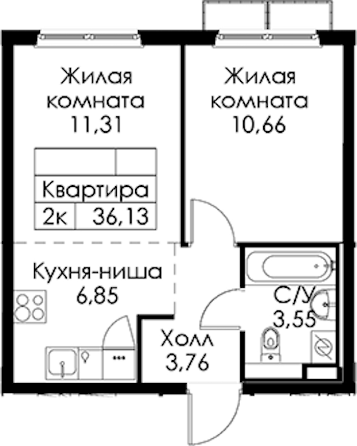 1-комнатная квартира 36.13 м², 2/15 эт., ЖК «Янинский лес»